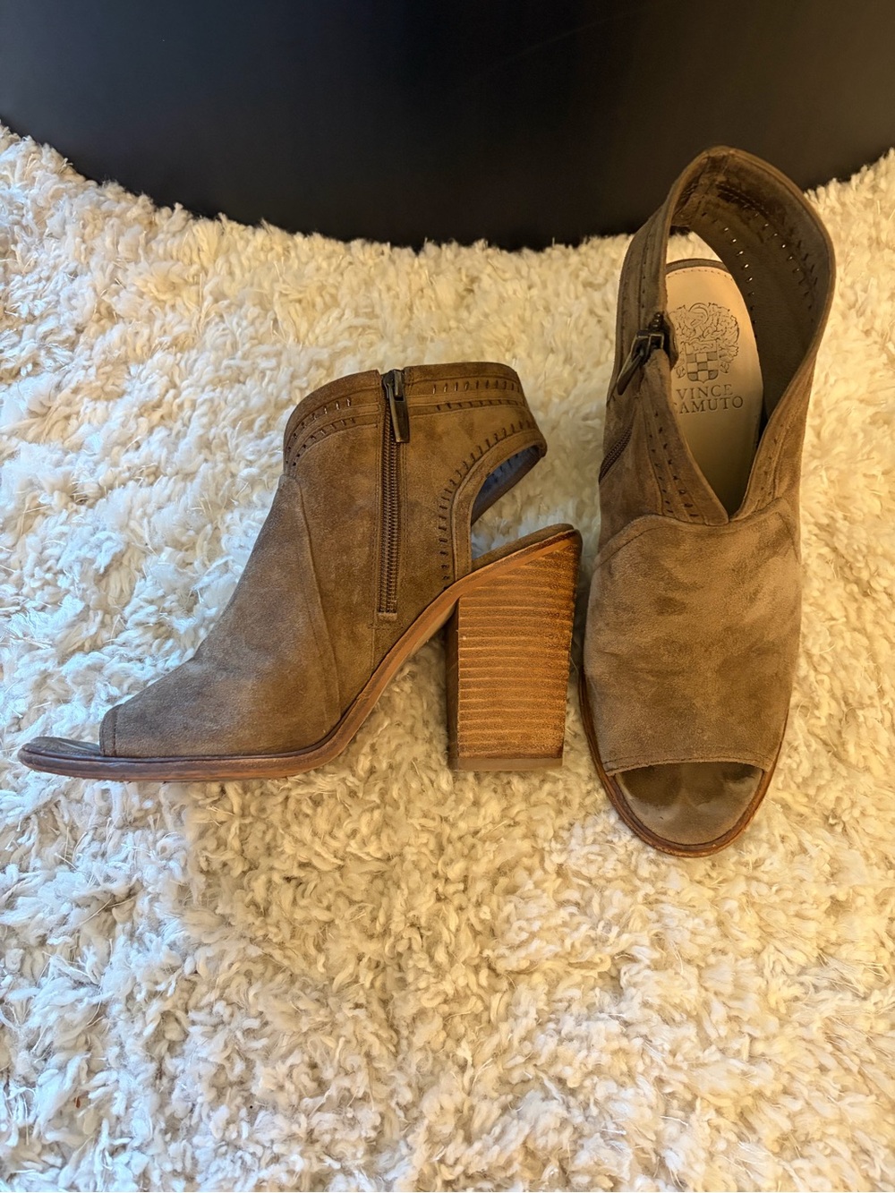 Vince Camuto Taupe Suede Peep-Toe Stacked Block Heels